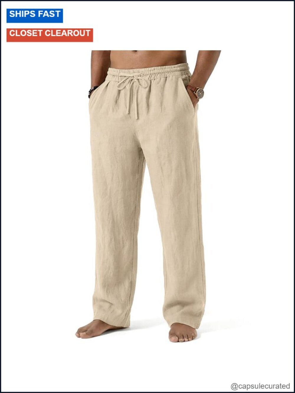 Men's Cotton Linen Pants Casual Summer Beach Pants Loose Fit Elastic Waist